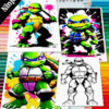 Coloring book page featuring Ninja Turtles illustrations, surrounded by colored pencils, with a title banner for free coloring pages.