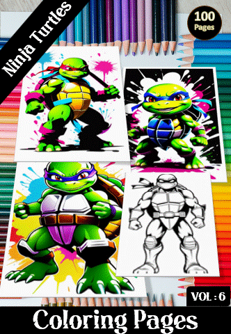 Coloring book page featuring Ninja Turtles illustrations, surrounded by colored pencils, with a title banner for free coloring pages.