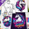 Four unicorn coloring page designs, featuring a line art unicorn, a stylized unicorn with vibrant colors, and a whimsical text illustration.