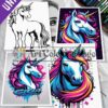 Four vibrant unicorn-themed coloring pages featuring different styles: a classic unicorn, a stylized colorful unicorn, and two artistic interpretations.