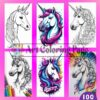 A vibrant graphic showcasing six unicorn-themed coloring pages in various designs, including outlined and color illustrations, with a purple header stating 