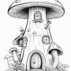 A whimsical mushroom-shaped house surrounded by smaller mushrooms and greenery, designed for coloring.