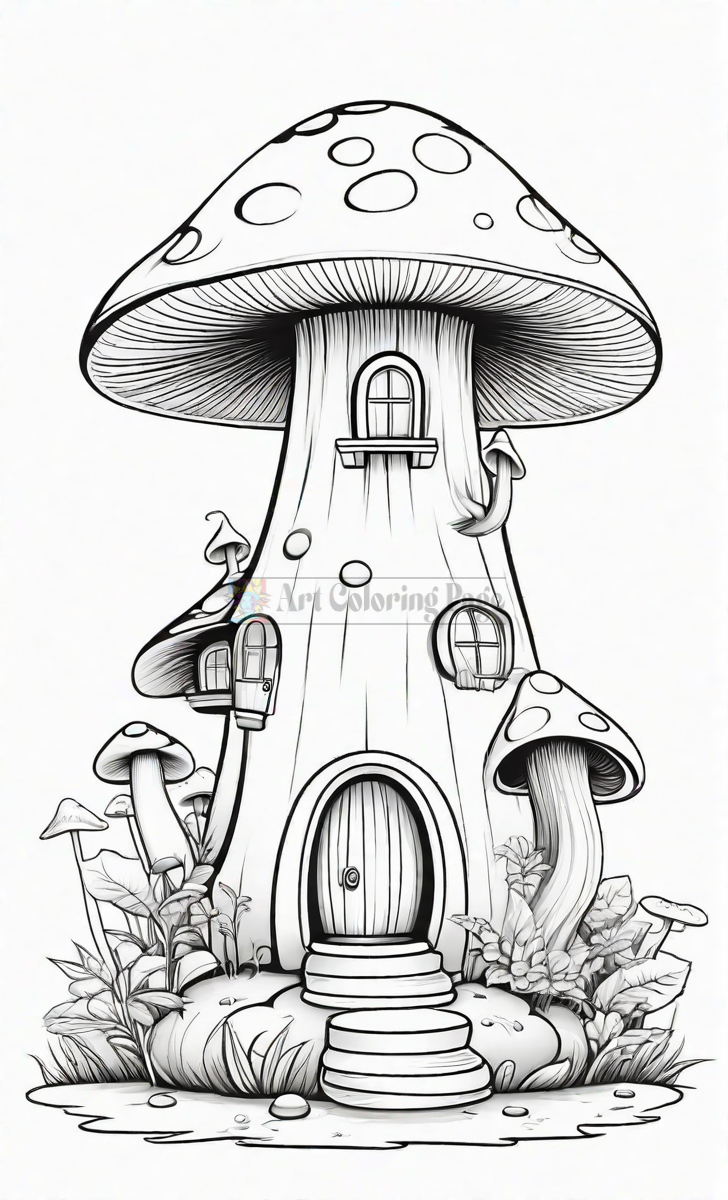 A whimsical mushroom-shaped house surrounded by smaller mushrooms and greenery, designed for coloring.