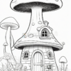 A whimsical mushroom-shaped house surrounded by various flowers and smaller mushrooms, designed for coloring.