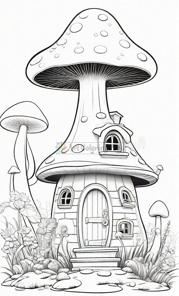 A whimsical mushroom-shaped house surrounded by various flowers and smaller mushrooms, designed for coloring.
