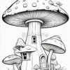 A whimsical mushroom house surrounded by smaller mushrooms, featuring a wooden staircase and door.