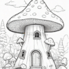 A whimsical mushroom house surrounded by trees and smaller mushrooms, featuring a door and windows on the main structure.