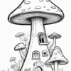 A whimsical mushroom house surrounded by various mushrooms and plants, featuring a door and windows.