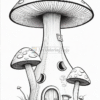 A whimsical mushroom house surrounded by smaller mushrooms, with a small door and windows, set in tall grass and flowers.