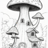 A whimsical mushroom house with oversized mushrooms, surrounded by smaller plants and a path leading to the door.