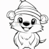 A cute cartoon dog with a big smile, wearing a festive hat with a pom-pom, standing happily.