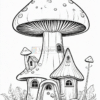 A whimsical mushroom-shaped house with a door and windows, surrounded by plants and mushrooms in a coloring page style.