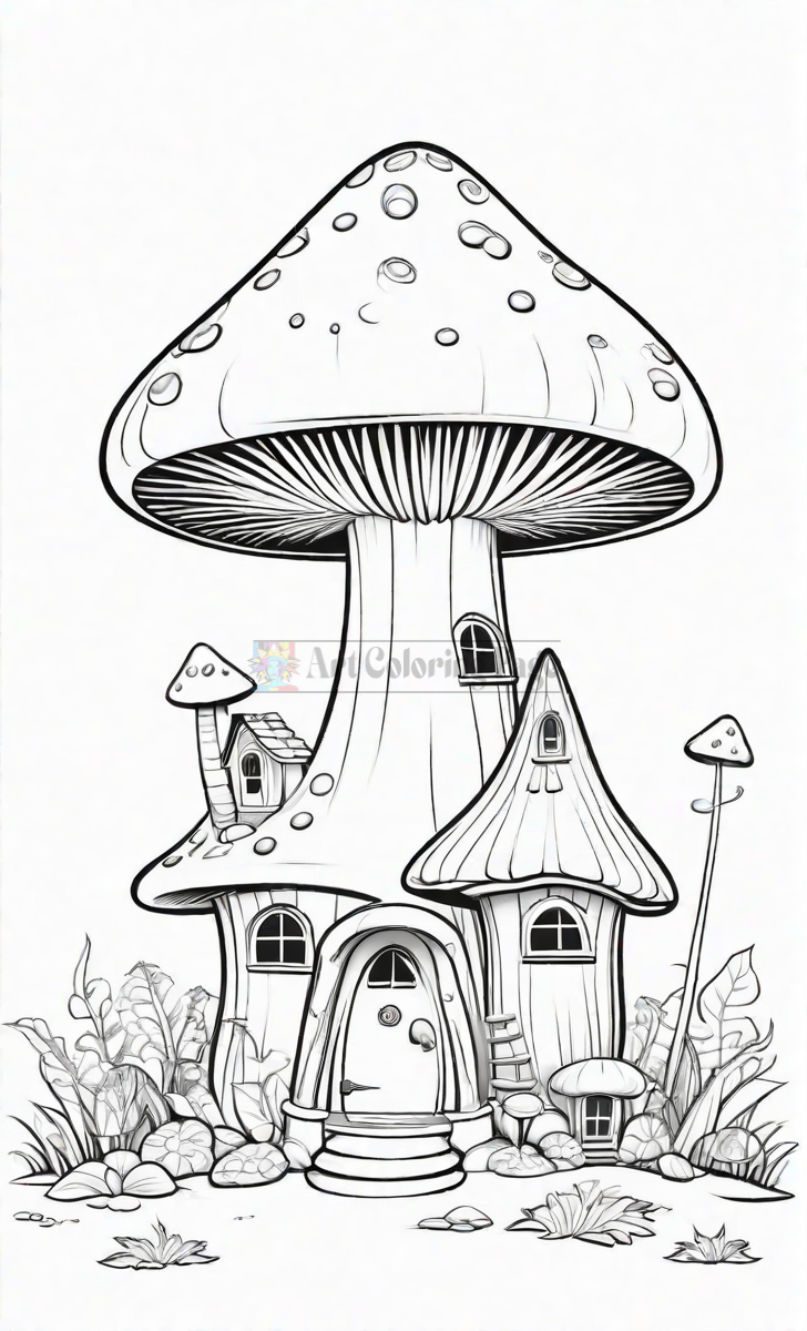 A whimsical mushroom-shaped house with a door and windows, surrounded by plants and mushrooms in a coloring page style.