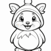 A cute cartoon animal wearing a winter hat with ears and a pom-pom, standing happily with a big smile.