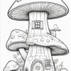 A whimsical mushroom house with a rounded top, colorful mushrooms around it, and detailed foliage at the base.