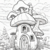 A whimsical mushroom-shaped house surrounded by trees and clouds, featuring a pathway leading to its door.