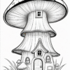 A whimsical mushroom-shaped house with a round cap, windows, and a door, surrounded by smaller mushrooms and grass.
