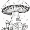 A whimsical mushroom house surrounded by smaller mushrooms and lush vegetation, designed for coloring.