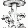 A whimsical mushroom-shaped house with a curved door, surrounded by smaller mushrooms and a fantasy setting.