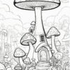 A whimsical mushroom house surrounded by various mushrooms and plants in a fantasy landscape.
