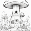 A whimsical mushroom house with a rounded cap sits among smaller mushrooms, featuring a door and windows, surrounded by lush foliage.
