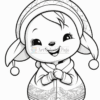 A cheerful cartoon character with large eyes, wearing a hooded coat and a winter hat, smiling and holding its hands together.