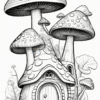 A whimsical mushroom house with oversized, colorful mushrooms and surrounding flowers, designed for coloring.