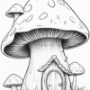 A whimsical mushroom house with a rounded cap and a small door, surrounded by smaller mushrooms and plants.