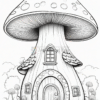 A whimsical mushroom house with a round cap, a wooden door, and windows, surrounded by grass and small mushrooms.