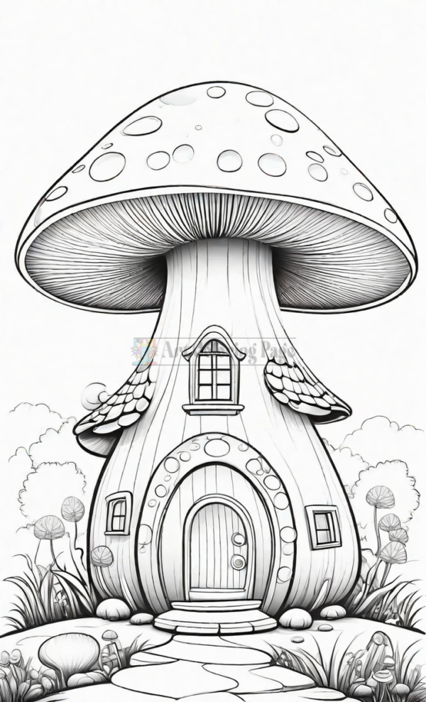 A whimsical mushroom house with a round cap, a wooden door, and windows, surrounded by grass and small mushrooms.