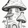 A whimsical mushroom-shaped house nestled among plants with a round door and windows, featuring large colorful mushrooms surrounding it.