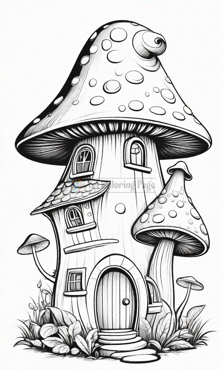 A whimsical mushroom-shaped house nestled among plants with a round door and windows, featuring large colorful mushrooms surrounding it.