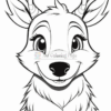 A friendly cartoon deer with large eyes, pointy ears, and two small horns, featured in a black and white coloring page.