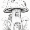 A whimsical mushroom-shaped house with a round door and windows, surrounded by mushrooms and grass under a cloudy sky.