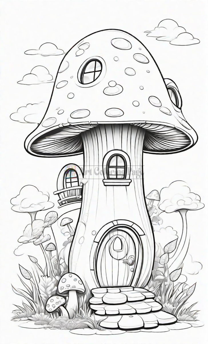 A whimsical mushroom-shaped house with a round door and windows, surrounded by mushrooms and grass under a cloudy sky.