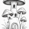 A whimsical mushroom house with three large mushroom caps, featuring a door and windows, surrounded by flowers.