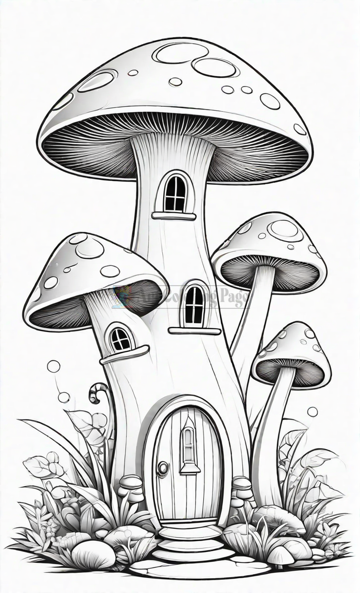 A whimsical mushroom house with three large mushroom caps, featuring a door and windows, surrounded by flowers.