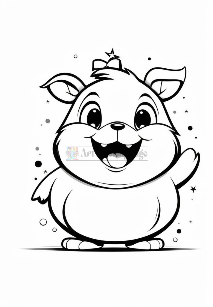 A cute, cartoonish character with a round body, big grin, and a small star on its head, standing with one paw raised.