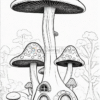 A whimsical illustration of oversized mushrooms with doorways, set in a forested background, designed for coloring.