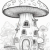 A whimsical mushroom-shaped house surrounded by various mushrooms and plants, featuring a curved door and stone steps.