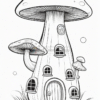 A whimsical mushroom house with a large, round top and smaller mushroom features, surrounded by grass and smaller mushrooms.