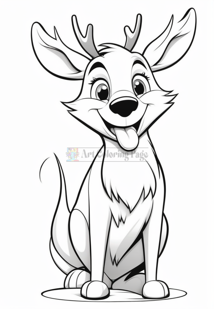 A cheerful, cartoon-style deer with large ears and a friendly expression, sitting happily with a wagging tail.