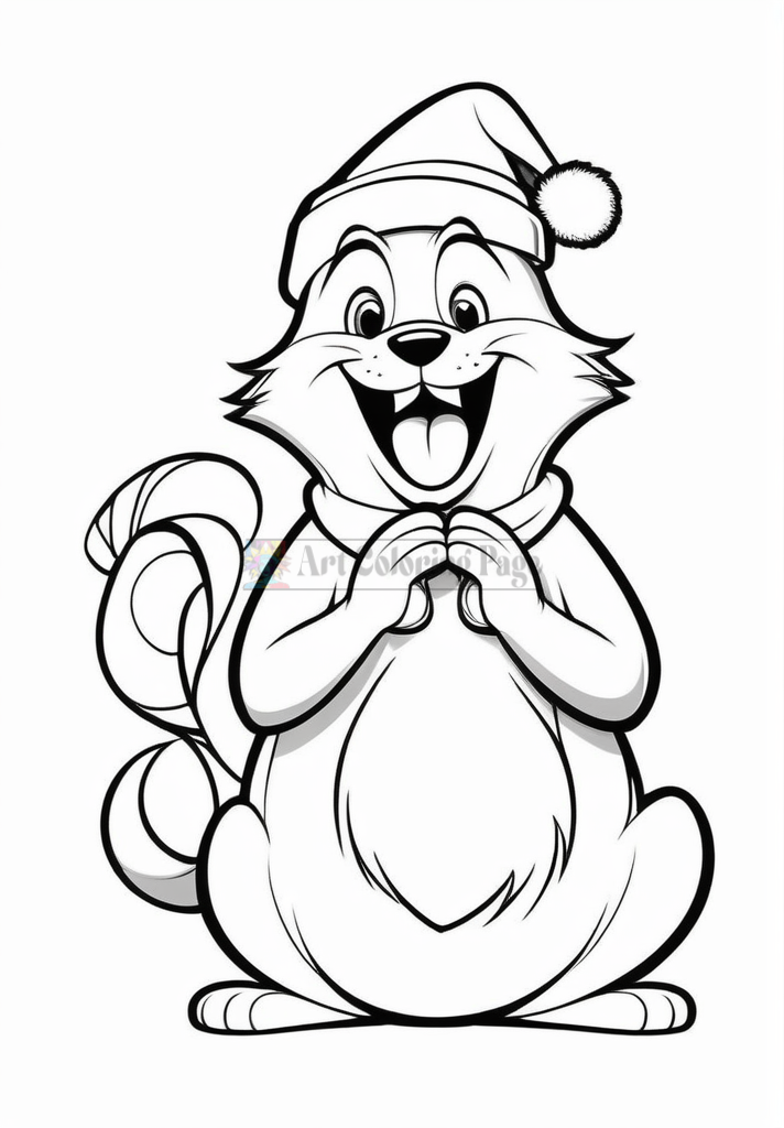 A cheerful cartoon squirrel wearing a Santa hat, smiling and clasping its paws together, ready for the holidays.