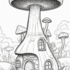 A whimsical mushroom house surrounded by smaller mushrooms and lush greenery, featuring a round door and windows.