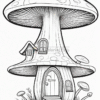 A whimsical mushroom house surrounded by various smaller mushrooms and grass, featuring a winding pathway leading to the door.