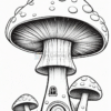 A whimsical mushroom house with a large cap and a small door at its base, surrounded by smaller mushrooms and greenery.