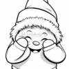 A cheerful cartoon character wearing a winter hat and sweater, with a big smile and hands covering its face in joy.