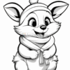 A cute cartoon animal with large ears and a fluffy tail, wearing a winter hat and scarf, smiling happily.