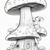 A whimsical mushroom house with a large base and smaller mushrooms surrounding it, featuring a round door and nestled in grassy ground.