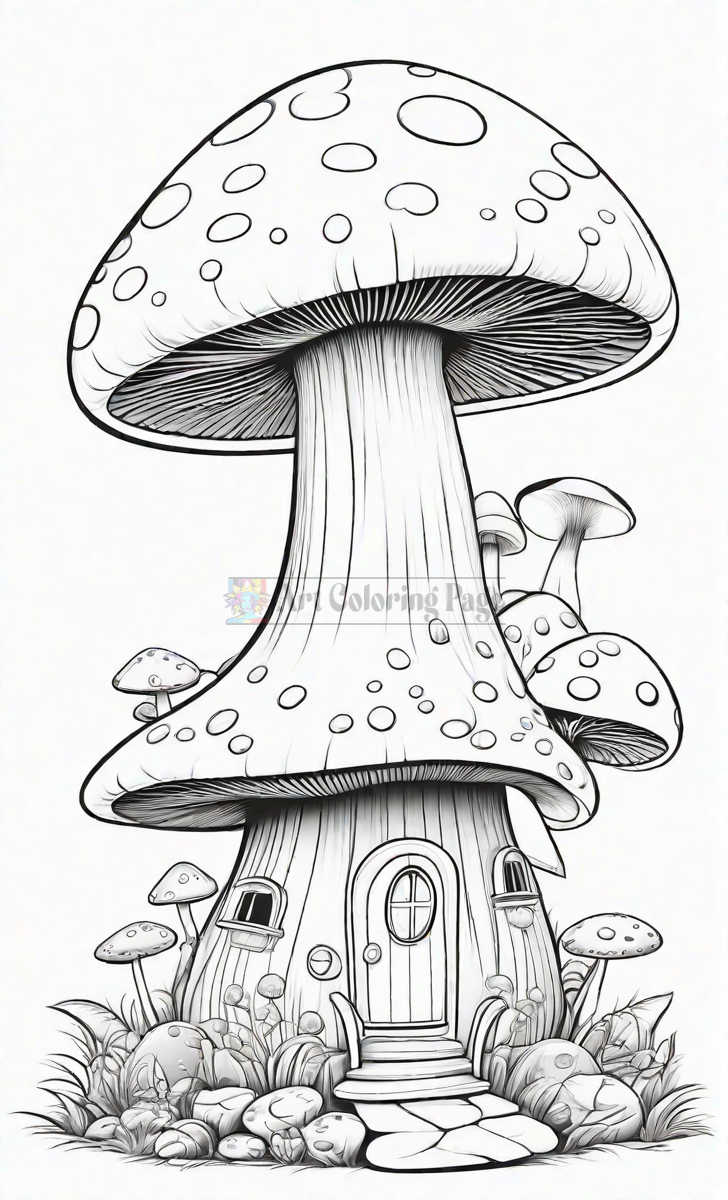 A whimsical mushroom house with a large base and smaller mushrooms surrounding it, featuring a round door and nestled in grassy ground.